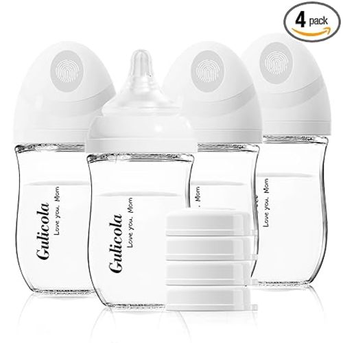 Gulicola Natural Glass Baby Bottle 4 Pack, Newborn Breastfeeding Bottles Set, Extra Slow Flow Nipples (SS), Anti Colic, 0 Months+, 5 oz - White