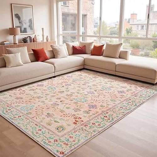 Pale Pink Living Room Rug 5x7, Floral Washable Area Rug Non Slip, Boho Low Pile Carpet with Rubber Backing for Bedroom Kitchen Bathroom Playroom Entryway Office