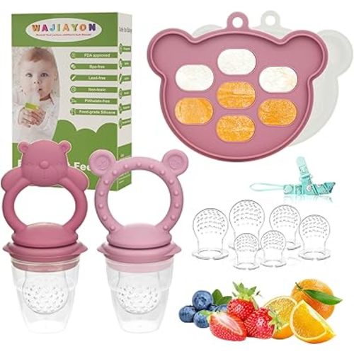 WAJIAYON Baby Breastmilk Popsicle Molds & Baby Fruit Feeder (4 Pack), Baby Food Freezer Tray Storage Containers, Silicone Teething Pacifier Feeder and Teether for Babies,Baby Feeder(Pink)