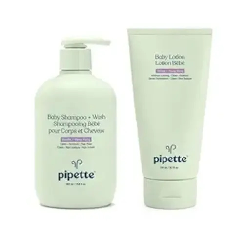 Pipette Vanilla + Ylang Ylang Baby Shampoo + Wash and Baby Lotion Duo, Clean, Tear-Free Bath Time, Sulfate-Free, Paraben-Free, Silicone-Free, Sensitive Skin, Hypoallergenic, Non-Toxic