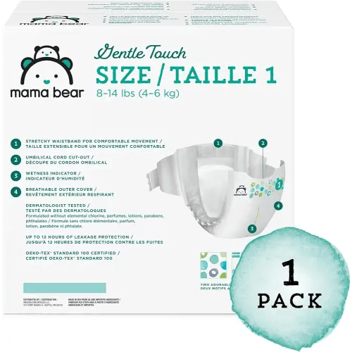 Amazon Brand - Mama Bear Gentle Touch Diapers, Hypoallergenic, Size 1, 196 Count (4 packs of 49), White