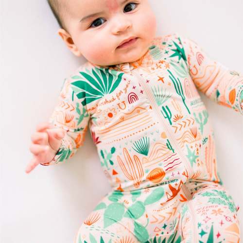 Desert Cactus Vibes | Bamboo Footie Onesie Sleeper | "Mama, I Wished for You" | Thermo-Regulating, Double Zipper, 4-Way Stretch | Raising Mama