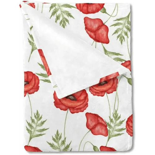 Boho Retro Poppy Flowers Leaves Baby Blanket for Girl Boy - Red Floral Spring Blossom Swaddle - Wild Plants Receiving Blanket for Toddler Newborn Nursery Crib Bed - Daycare Playmat 30x40
