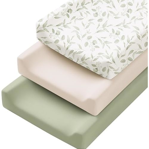 Konssy 3 Pack Stretchy Changing Pad Covers for Girl, Boy, Silky Soft Changing Table Cover, Breathable Baby Nursery Diaper Chang Pad Sheets (Green Leaves)