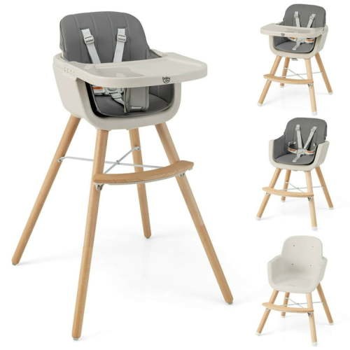 Babyjoy 3 in 1 Convertible Wooden High Chair Toddler Feeding Chair with Cushion Dark Grey