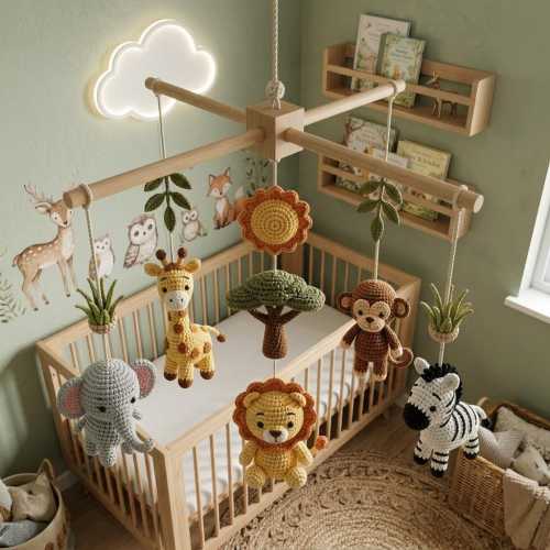 Safari Baby Mobile Crochet | Savanna Nursery Decor | Jungle Crib Mobile | Lion Elephant Giraffe Mobile | Baby Shower Gift | M32M