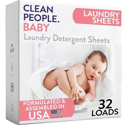 The Clean People Unscented Baby Laundry Detergent Sheets - Hypoallergenic - Ultra Concentrated, Recyclable Packaging, Fights Stains & Odors on Baby Clothes & Bedding - Fragrance Free, 32 Pack