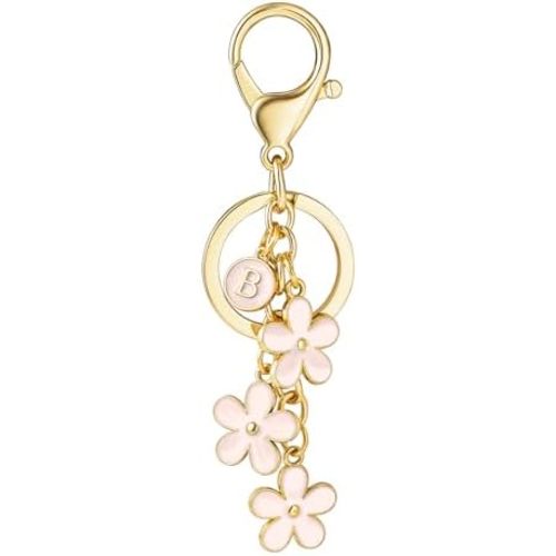 SELOVO Initial Keychain White/Pink Flower Charms for Key Cute Letter Keyring for Handbag Backpack