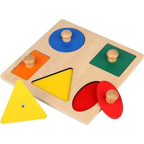 Montessori Wooden Puzzle Board Knob Wooden Puzzle Geometric Shape Puzzle Early Education Material Sensorial Toy for Toddler Shape & Color Sorter (5 Geometry Shape)