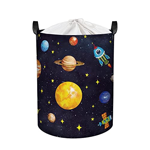 Clastyle 63L Mysterious Universe Space Kids Laundry Hamper Large Collapsible Dirty Clothes Laundry Basket for Boy Black Toys Planets Storage Basket with Lid, 15.7x19.7 in
