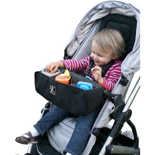 J.L. Childress Food 'N Fun Universal Stroller Snack Tray - Cup Holder, No-Throw Strap, Toy Loops - Removable Stroller Snack Tray - Black