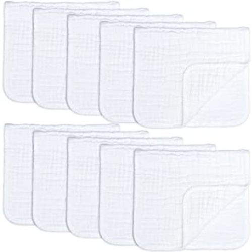Muslin Burp Cloths Large 100% Cotton Hand Washcloths 6 Layers Extra Absorbent and Soft by Comfy Cubs (White, 10-Pack, 20" X10" )