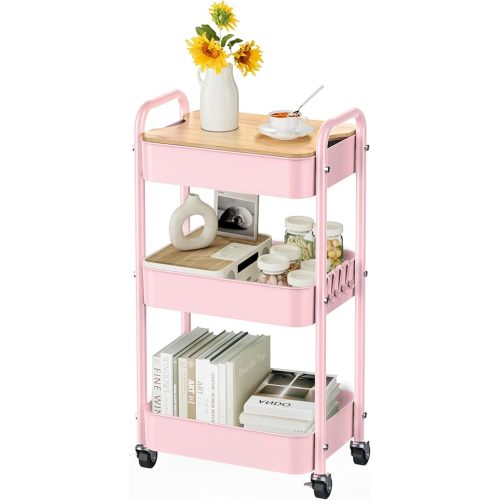 3 Tier Rolling Cart with Table top, Metal Rolling Utility Cart, Sturdy Storage Organizer Cart with Locking Wheels & Hooks for Office, Classroom, Kitchen and Bathroom,Pink