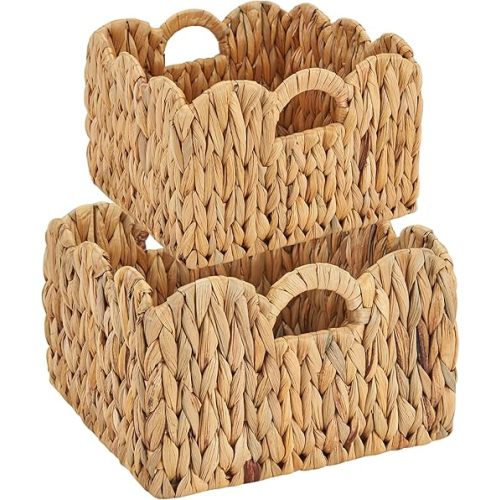 FairyHaus Wicker Basket 2Pack, Scalloped Storage Basket with Handles, Handwoven Natural Water Hyacinth Wicker Baskets for Storage, 11 x 11 x 7 & 9.45 x 9.45 x 6.5 (L+M)