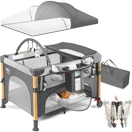 Baby Bassinet Bedside Crib with One-Hand Setup 5-in-1 Foldable Pack n Play for Travel, Portable Baby Bassinet with Diaper Changer & Adjustable Mattress for Newborn to Toddler (Grey)