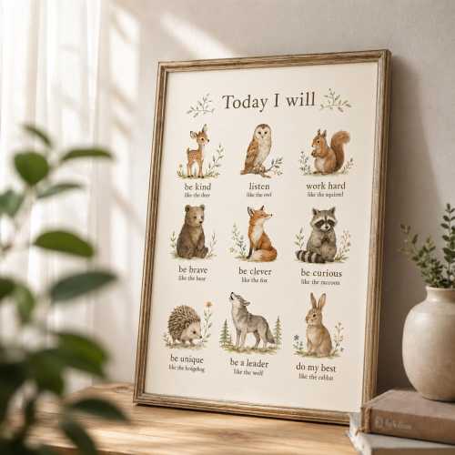 Affirmation Animal Woodland Art Print for Kids, Animal Educational Poster, Woodland Nature, Playroom Decor, Homeschoold Wall Art