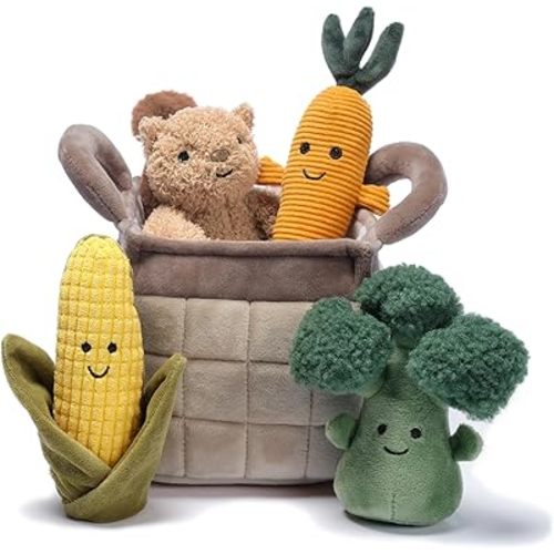 Lambs & Ivy Plush Veggie Basket Play Set with Interactive Stuffed Vegetable Toys