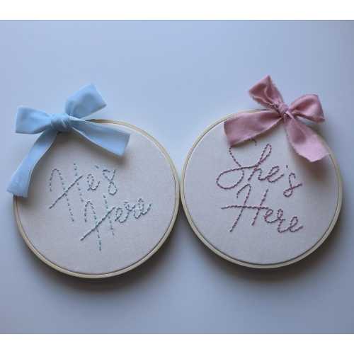 Hand Embroidered He’s Here/She’s Here gender announcement baby sign