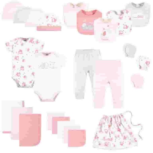 Luvable Friends Newborn Baby Girl Essentials 25pc Starter Set, Basic Elephant, 0-6 Months