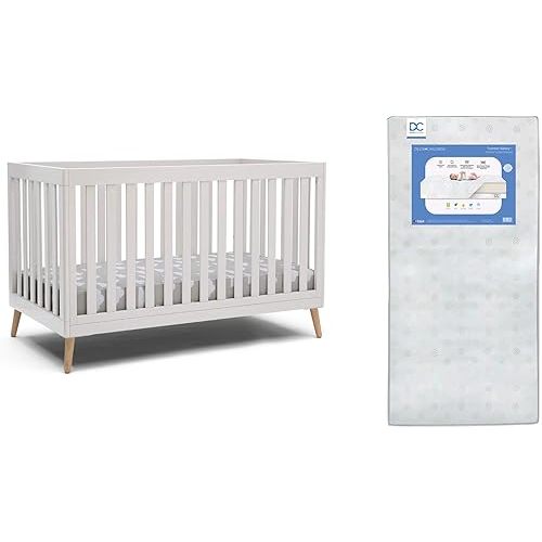 Delta Children Essex 4-in-1 Convertible Baby Crib, Bianca White with Natural Legs + Delta Children Twinkle Galaxy Dual Sided Recycled Fiber Core Crib and Toddler Mattress (Bundle)