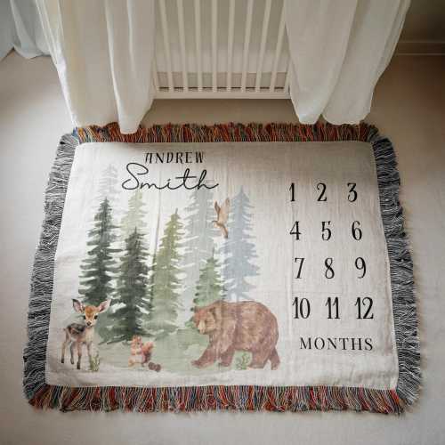 Personalized Woodland Milestone Blanket Woodland Nursery Decor Woodland Monthly Baby Blanket Forest Thme Woven Blanket for Milestone Photo