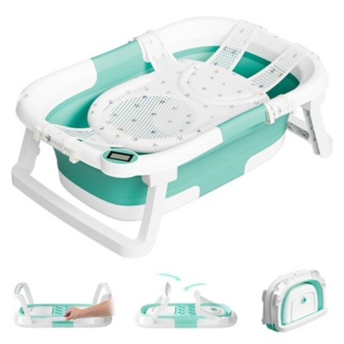 TUMAJUP Collapsible Baby Bathtub for Infants and Toddlers with Bath Net and Thermometer-Turquoise