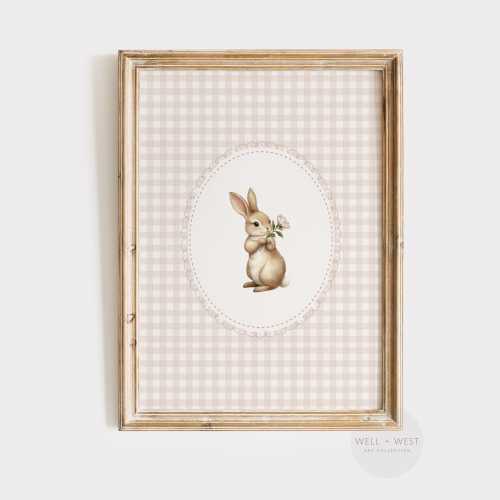 Pink Gingham Bunny Print | Vintage Style Rabbit Wall Art | Elegant Floral Nursery Decor | Coquette Printable Art | Cottagecore Decor | P613