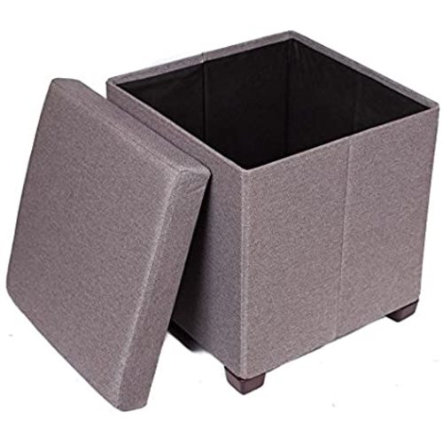 BIRDROCK HOME Folding Storage Ottoman with Legs - Upholstered - 16 x 16 - Linen - Strong and Sturdy - Quick and Easy Assembly - Foot Stool - Grey