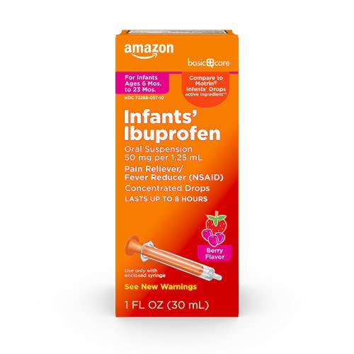 Amazon Basic Care Infants' Ibuprofen Oral Suspension Drops, 50 mg per 1.25 mL, Berry Flavor, For Minor Aches and Pains, Sore Throat, Headache Relief and More, 1 fl oz (Pack of 1)