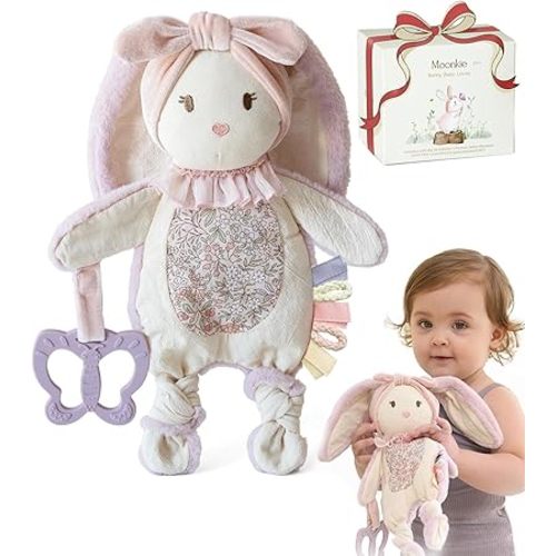 Moonkie Baby Lovey with Silicone Teether, Bunny Security Blanket with Textured Ribbons, Crinkle Toys, Soft Minky Velour & Natural Cotton, Newborn Girl Gift for Baby Shower or Birthday