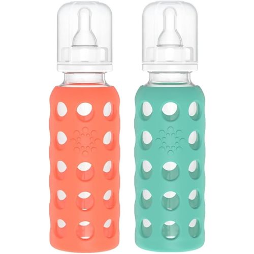 Lifefactory Glass Baby Bottles with Silicone Protection - 2-Pack, 9 oz Bottles,Papaya & Kale