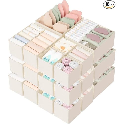 Criusia Drawer Organizer 18-Piece Set, Dresser Organizer for Baby Clothes, Foldable Closet Storage & Drawer Dividers for Underwear, Socks, Nursery (Beige)