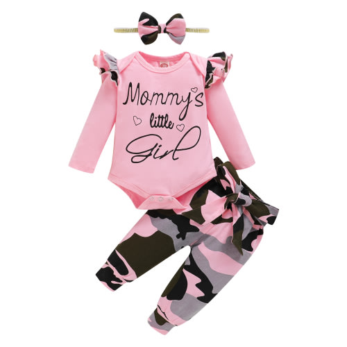 3 Months Baby Girls Clothes 6 Months Girls 3PCS Outfits Set Letter Print Newborn Girls Long Sleeve Top Camo Pants Set with Headband Pink