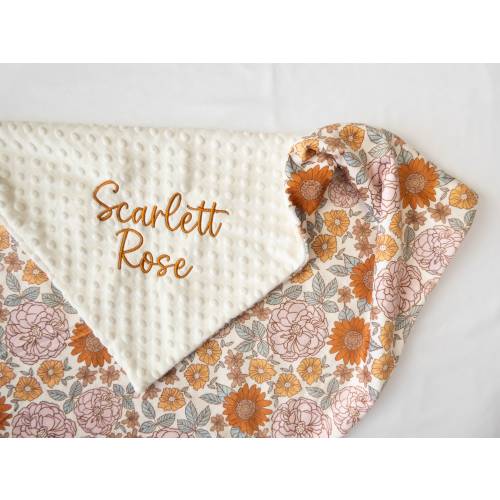 Vintage Golden Floral Personalized Baby Blanket, Minky Blanket, Baby Blanket with Name, Monogram, Floral Baby Gift, Vintage Floral Blanket