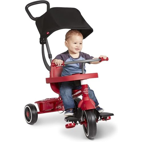 Radio Flyer Stroll N Trike Grows with Child, Converts from Parent Steering to Pedaling for Ages 1-5, Features Safety Harness, UV-Protection Canopy, Cup Holder, Toy Storage, and More, Amazon Exclusive