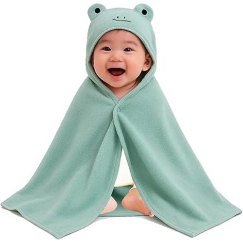 100% Cotton Hooded Towel – Frog Design with Snap Closure | Baby Bath Towel | 24" x 47" (60x120cm)