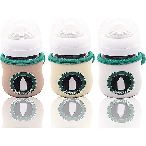 Sleeve Covers for 4 oz Philips Avent Glass Baby Bottle | Adjustable Sleeves | Heat and Cold Retention | Neoprene - Juice Cleanse | Non Slip Grip | Set of 3… (Babyccino)