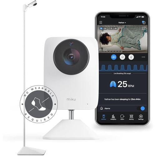 Miku Pro Smart Baby Monitor with Camera, Track Live Breathing with No Wearable, Real-Time Alerts, Sleep Analytics, 1080p Wi-Fi Video, Night Vision, and 2-Way Audio, Wall Mount & Floor Stand Included