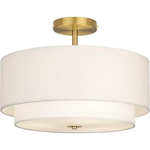 16" Dual Drum Gold 3-Light Semi Flush Mount Ceiling Light, Classic White Fabric Linen Shade Design for Living Room, Bedroom, Kitchen, Dining Room, Hallway and Entryway