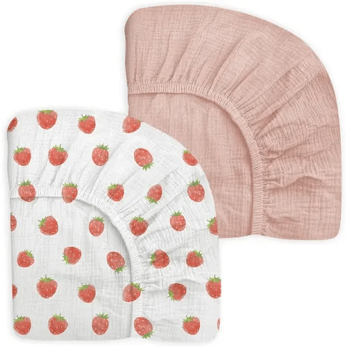Mini Crib Sheets for Baby Boy Girl 2 Pack, Neutral Mini Crib Mattress Sheet 24" x 38", Muslin Nursery Bedding Soft and Breathable Comfort (Strawberry & Pale Pink)