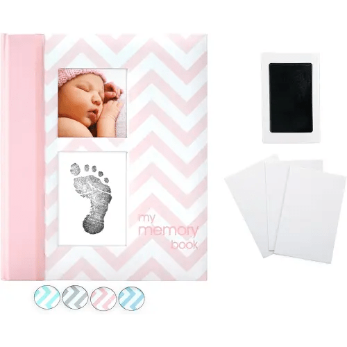 Pearhead Baby Memory Book, First 5 Years Baby Milestone Book, Pregnancy Journal, Gender Neutral Newborn Keepsake, With Clean-Touch Ink Pad For Baby's Handprint or Footprint, Pink Chevron