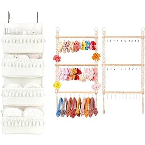 Dahey Over The Door Organizer with 4 Pockets Boho Door Closet Hanging Organizers and Storage and Hair Bows Organizer for Nursery Baby Girls Room