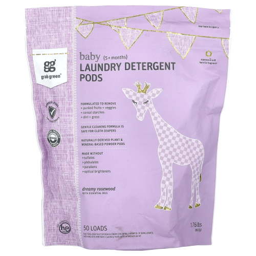 Grab Green Baby, Laundry Detergent Pods, Dreamy Rosewood with Essential Oils, 5+ Months, 50 Loads, 1.76 lbs (800 g)