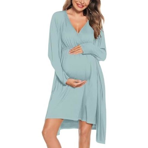 SWOMOG Women Maternity Nursing Gown and Robe Set 3 in 1 Labor Delivery Nursing Nightgown for Breastfeeding Hospital Bathrobe