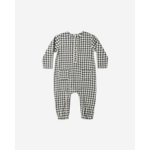 Long Sleeve Woven Jumpsuit || Navy Check | 0-3M or 3-6M