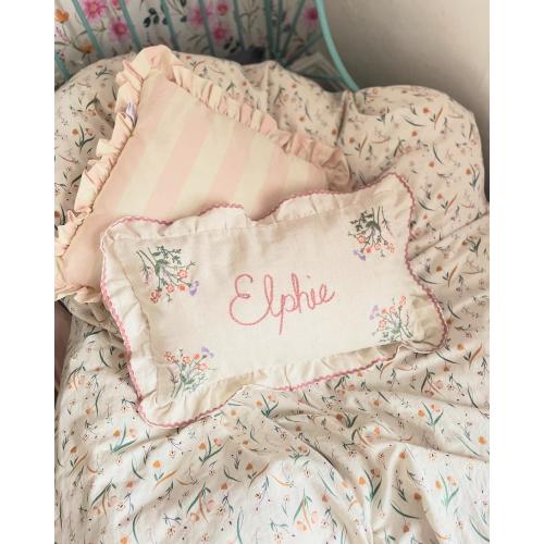Embroidered Floral pillow -  hand embroidered personalisation - linen with pink frill trim