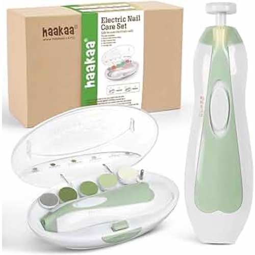 haakaa Baby Nail File Electric Baby Nail Care Set with LED Light, Baby Nail Clippers for Newborn/Infants/Adults Toenails and Fingernails, 6 Replacement Heads & Storage Case, Green