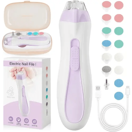 Baby Nail Trimmer Electric, 15 in 1 Baby Nail Clippers for Gentle Nail Care, Rechargeable Baby Nail File Electric with Light &15 Grinding Pads for Infant Toddler, Purple
