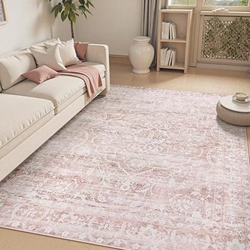 Lahome Pink Area Rug 6x9 - Soft Washable for Bedroom Aesthetic, Living Room Non Slip Ultra Thin, Boho Girls Playroom, Farmhouse Stain Resistant for Office (Pink, 6'X9')