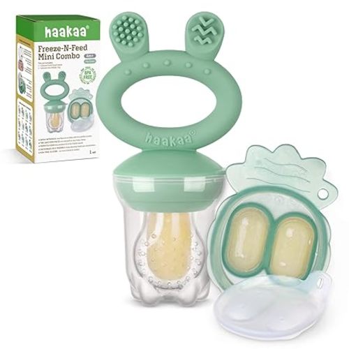 Haakaa Baby Fruit Food Feeder & Mini Freezer Nibble Tray Combo, Breastmilk Popsicle Molds for Cooling Relief, BPA Free Silicone Feeder for Safe Infant Self Feeding, 4 Month+ (Pea Green)